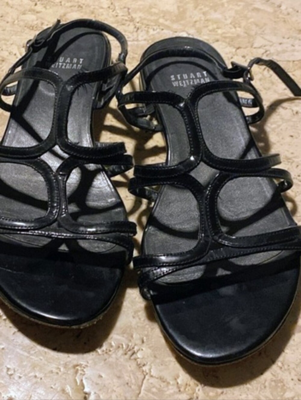 Vintage Stuart Weitzman Black Patent Strappy Cage Sandals • Sz 8.5